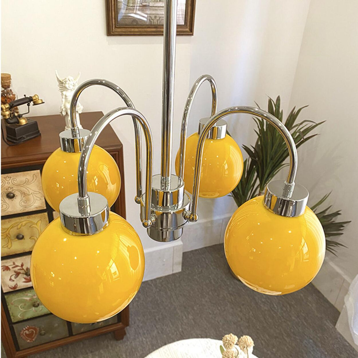 Adjustable Height 5-Light Yellow Globe Chrome Chandelier Image - 4