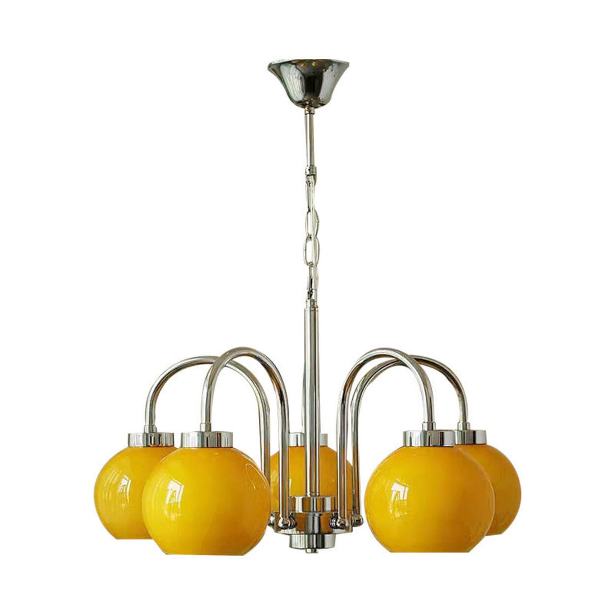 Adjustable Height 5-Light Yellow Globe Chrome Chandelier Image - 5