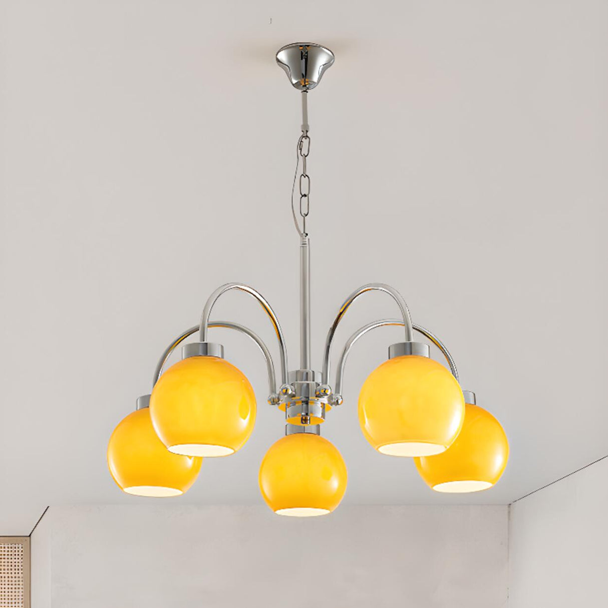 Adjustable Height 5-Light Yellow Globe Chrome Chandelier Image - 9