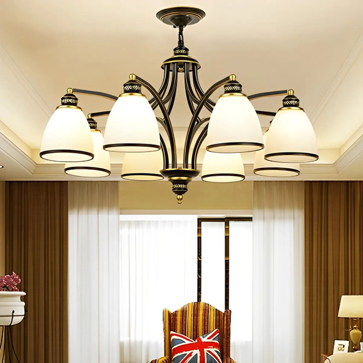 Adjustable Height 8-Light Black Gold Chandelier Image - 1