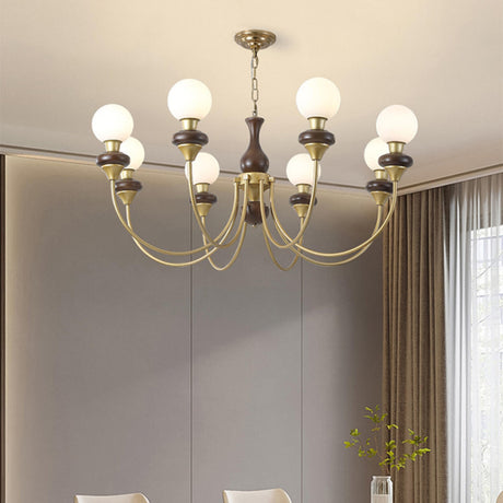 Adjustable Height 8-Light Brass White Glass Globe Chandelier  Image - 1