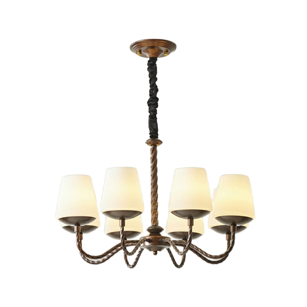 Adjustable Height Antique Bronze White Fabric Chandelier Image - 5