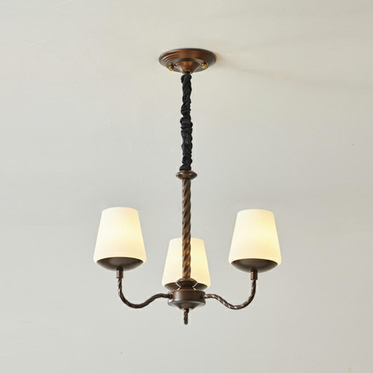 Adjustable Height Antique Bronze White Fabric Chandelier Image - 6