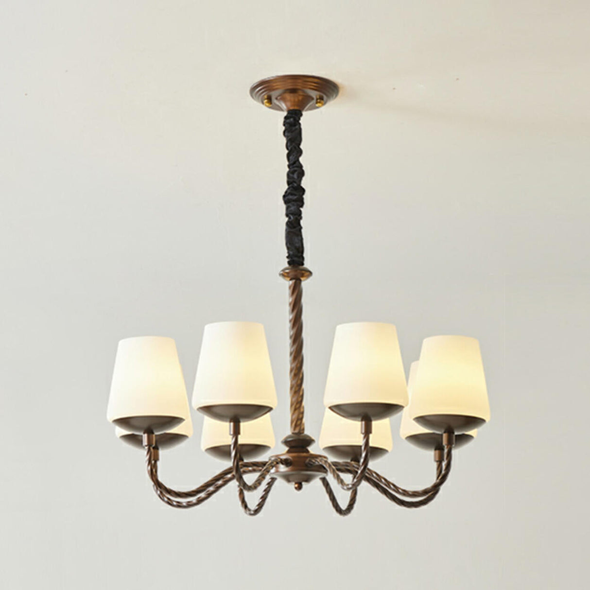 Adjustable Height Antique Bronze White Fabric Chandelier Image - 8