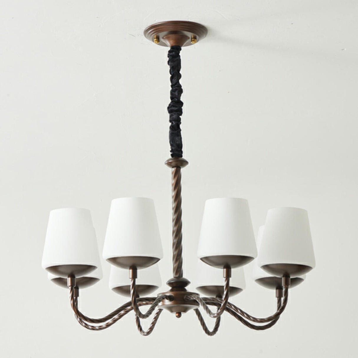 Adjustable Height Antique Bronze White Fabric Chandelier Image - 9