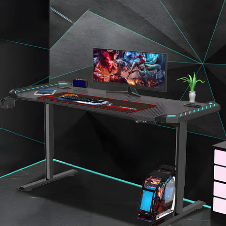 Adjustable Height Black Wood Steel T-Shape Gaming Desk Image - 1