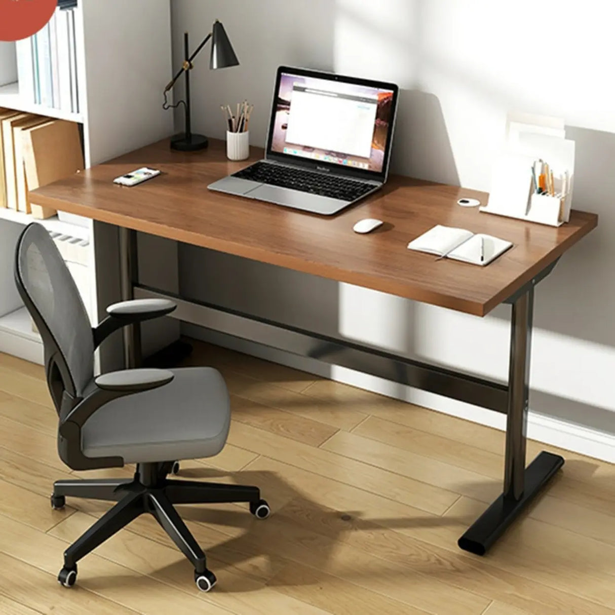 Adjustable Height Brown Wood T-Shaped Standing Desk Image - 1