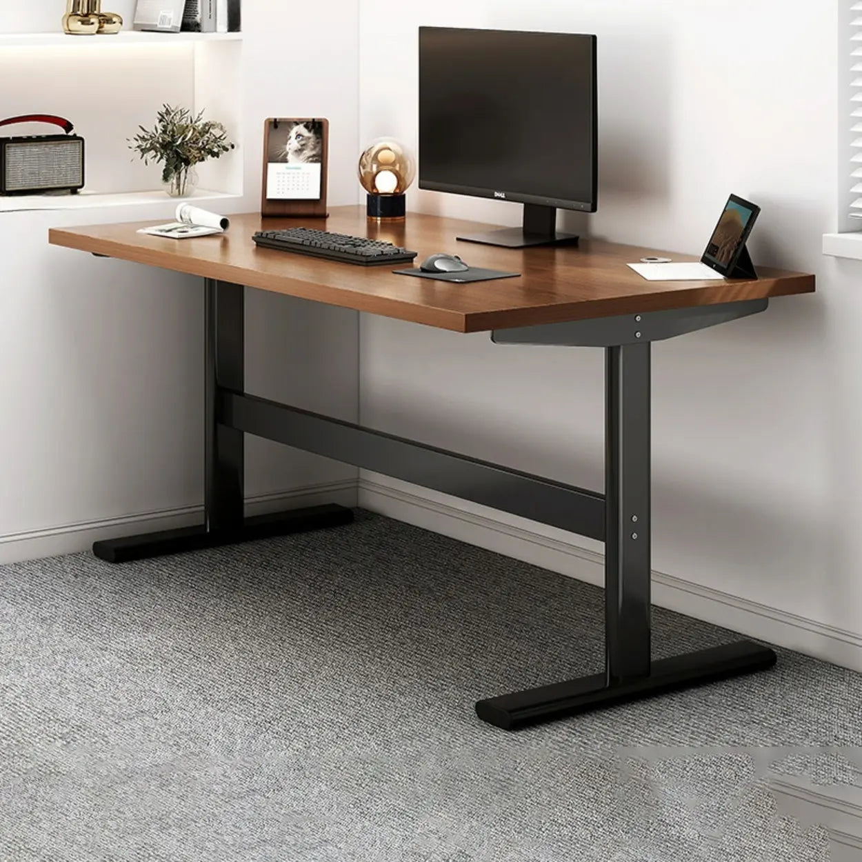 Adjustable Height Brown Wood T-Shaped Standing Desk Image - 2