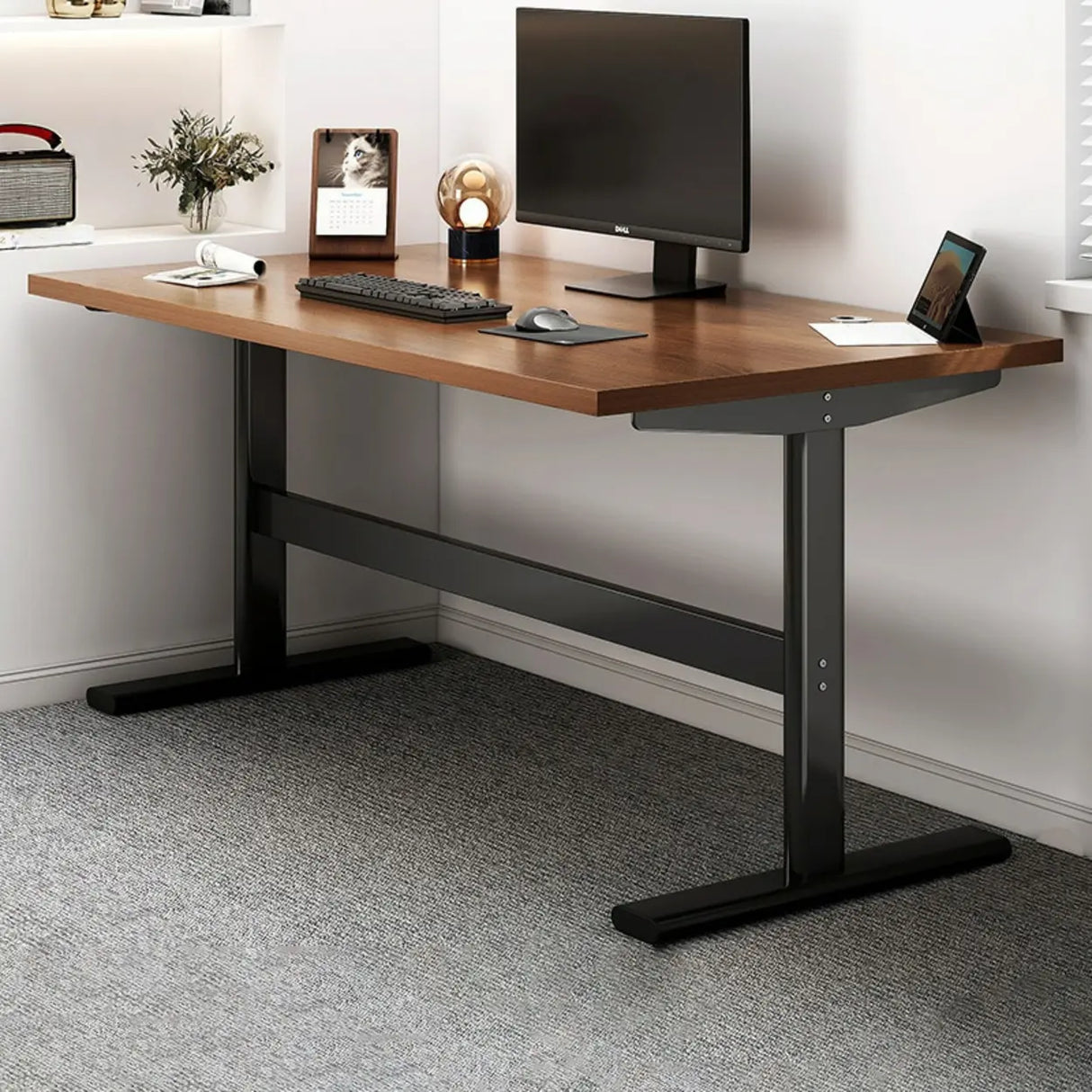 Adjustable Height Brown Wood T-Shaped Standing Desk Image - 5