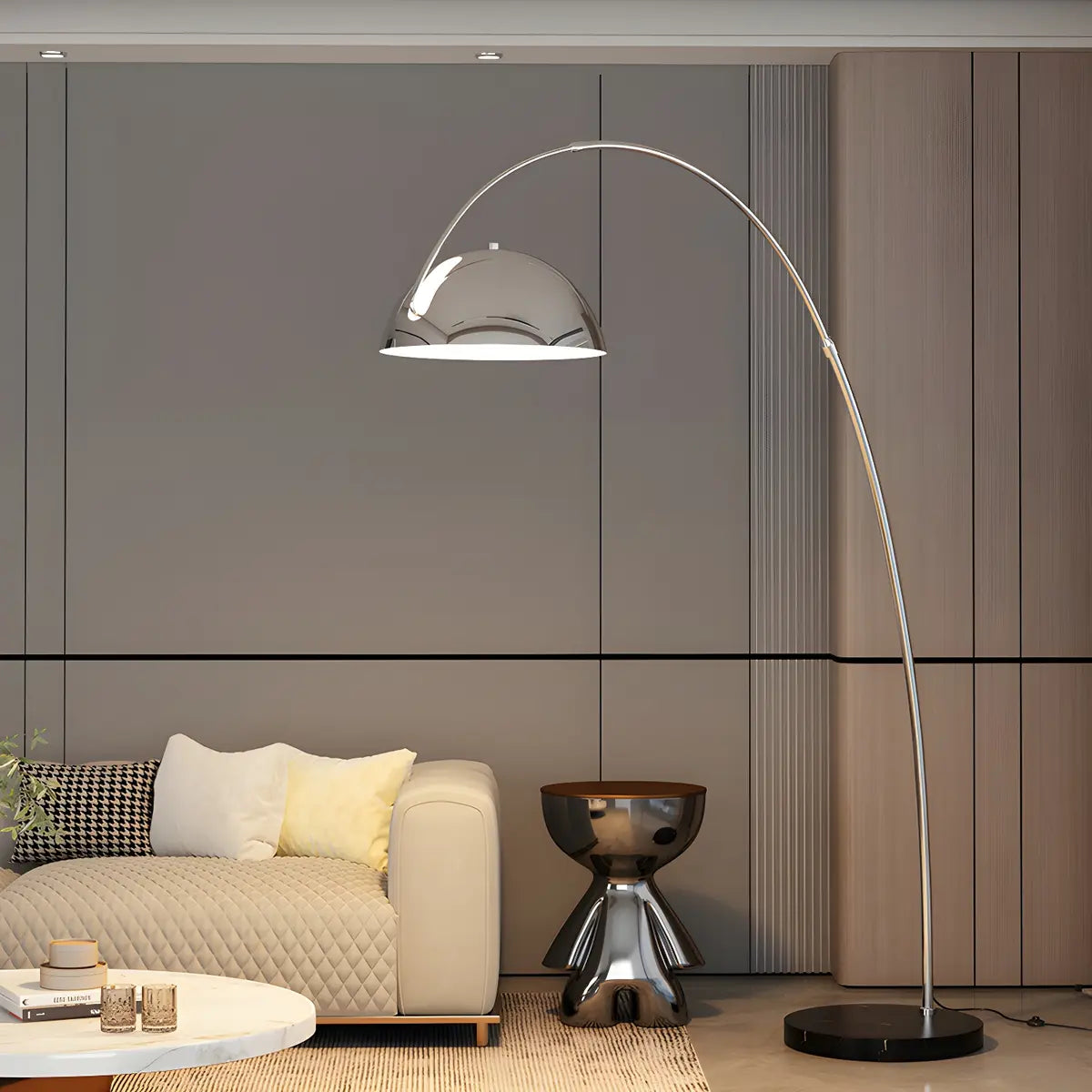 Adjustable Height Chrome Dome and Arc Floor Lamp Image - 1