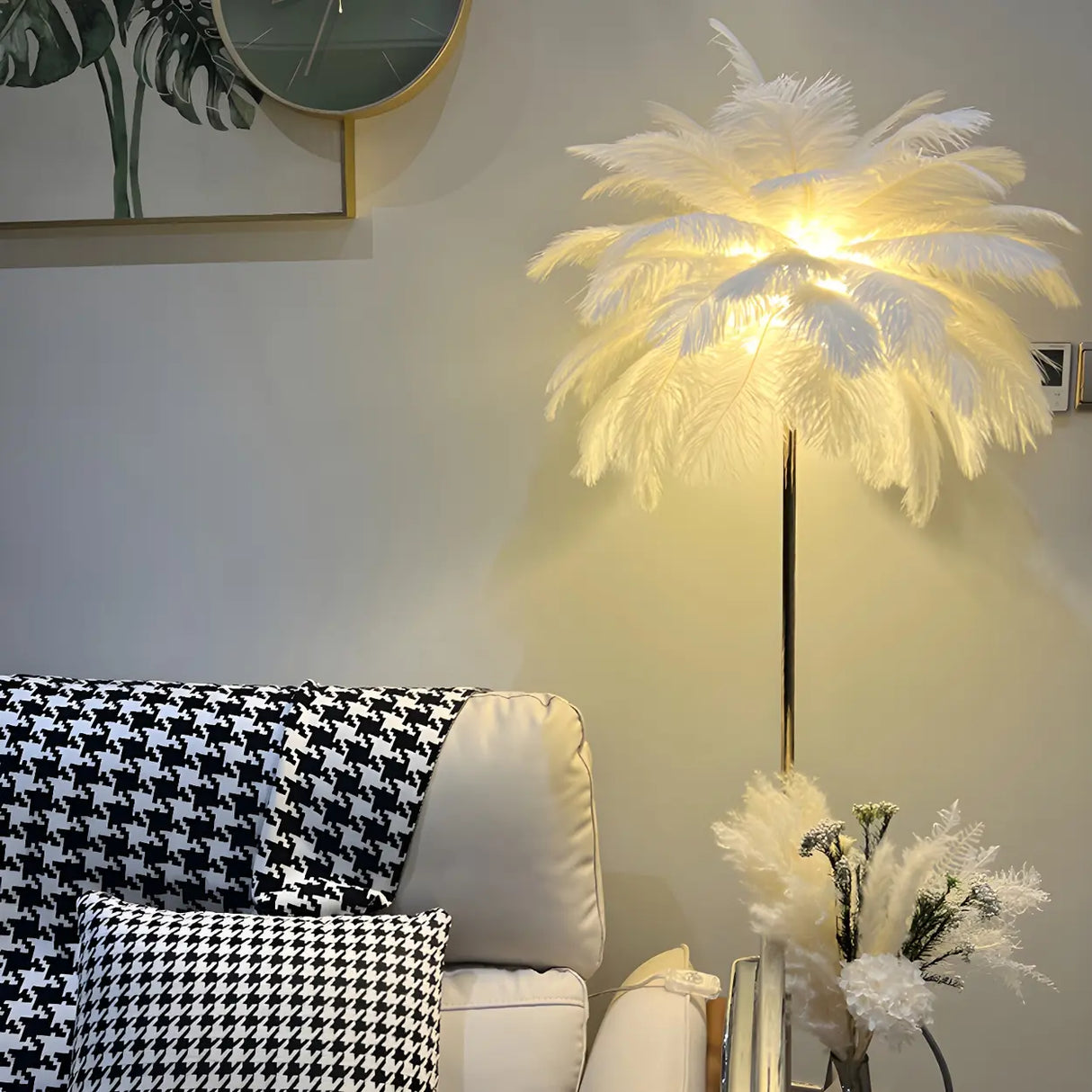 Adjustable Height Decorative White Feather Floor Lamp Image - 1