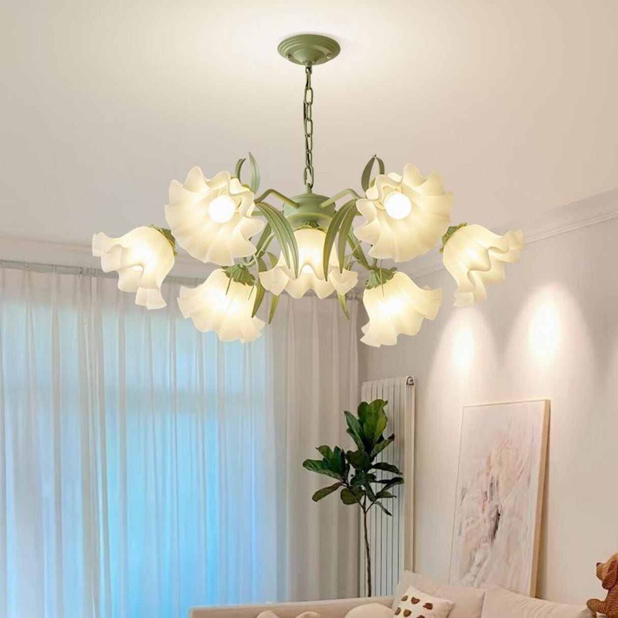 Adjustable Height Elegant Green Floral Chandelier Image - 3