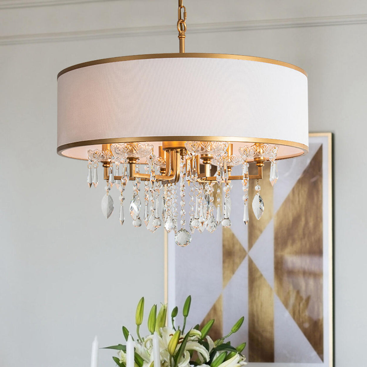 Adjustable Height Fabric Drum Crystal Chandelier Image - 2