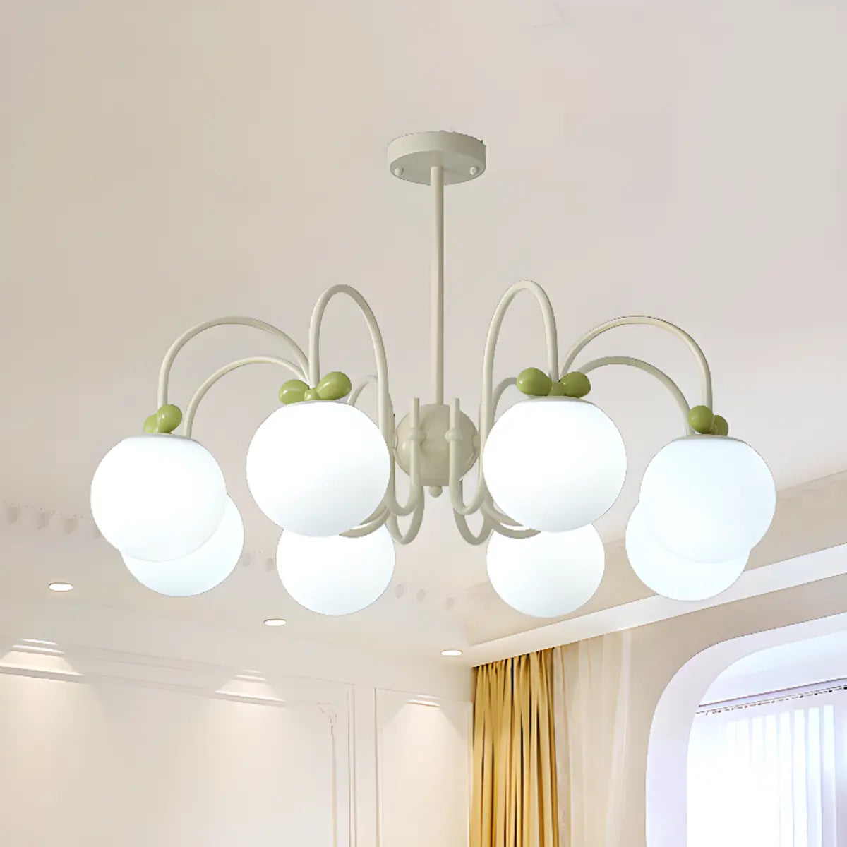 Adjustable Height Glass Ball Green Ivory Metal Chandelier Image - 7