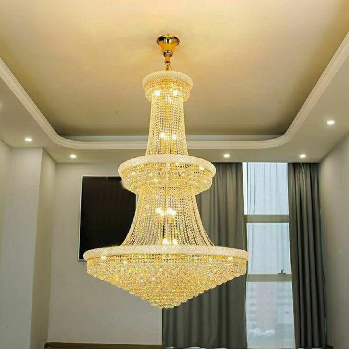 Adjustable Height Grand Gold Crystal Tiered Chandelier Image - 4