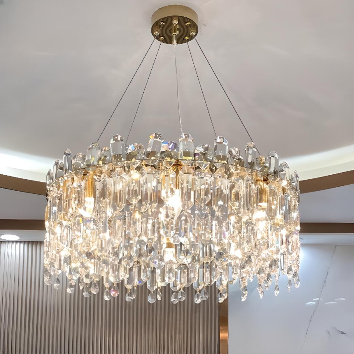 Adjustable Height Luxury Crystal Drum Chandelier Image - 18