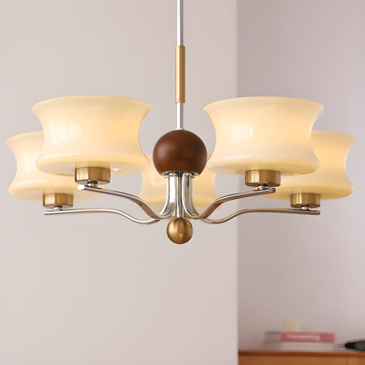 Adjustable Height Modern Brass and Wood Chandelier Image - 1