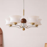 Adjustable Height Modern Brass and Wood Chandelier Image - 2