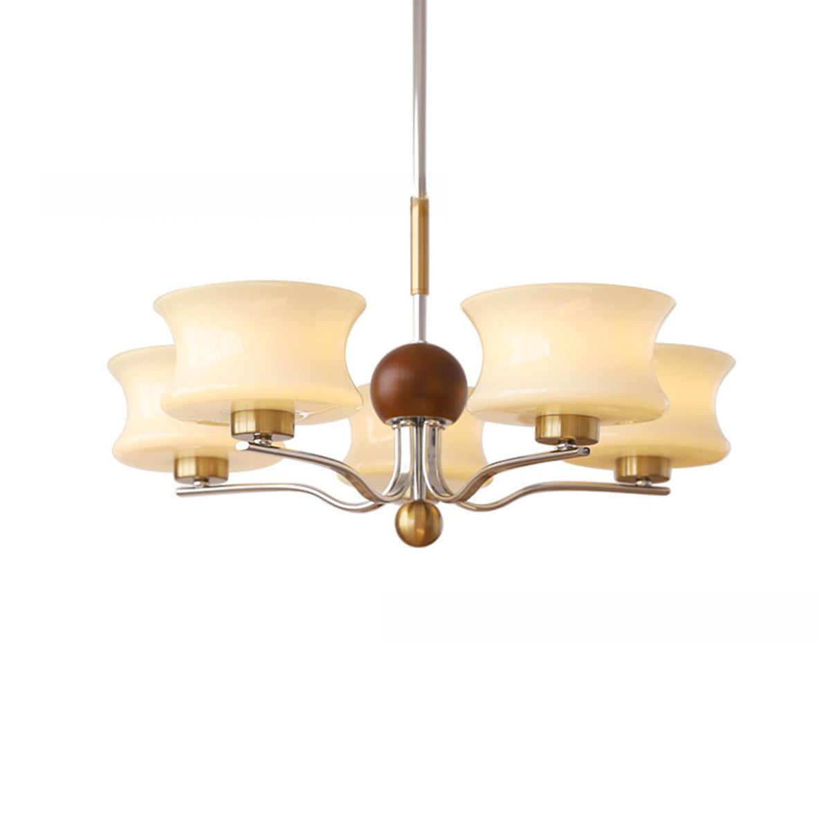 Adjustable Height Modern Brass and Wood Chandelier Image - 5