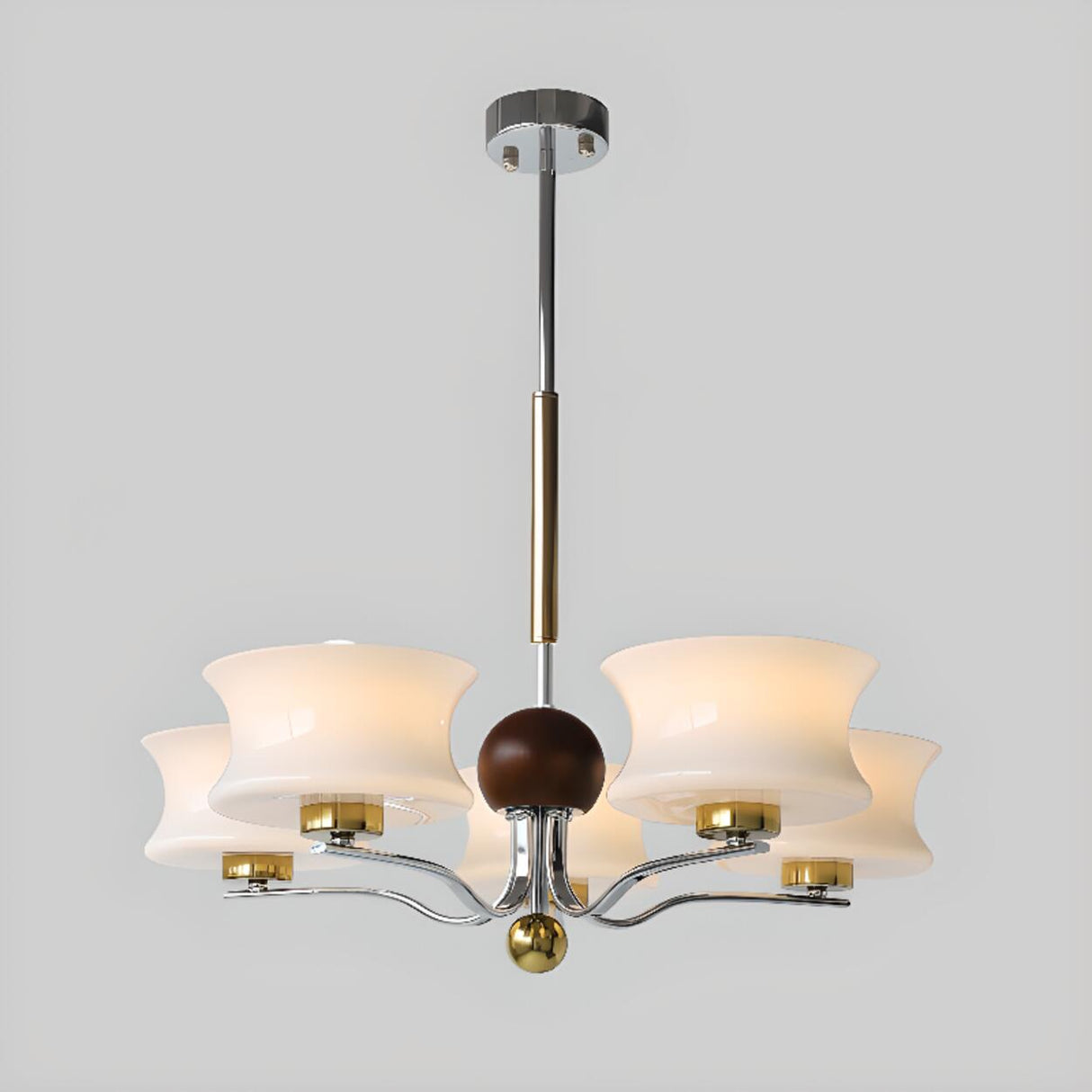 Adjustable Height Modern Brass and Wood Chandelier Image - 8