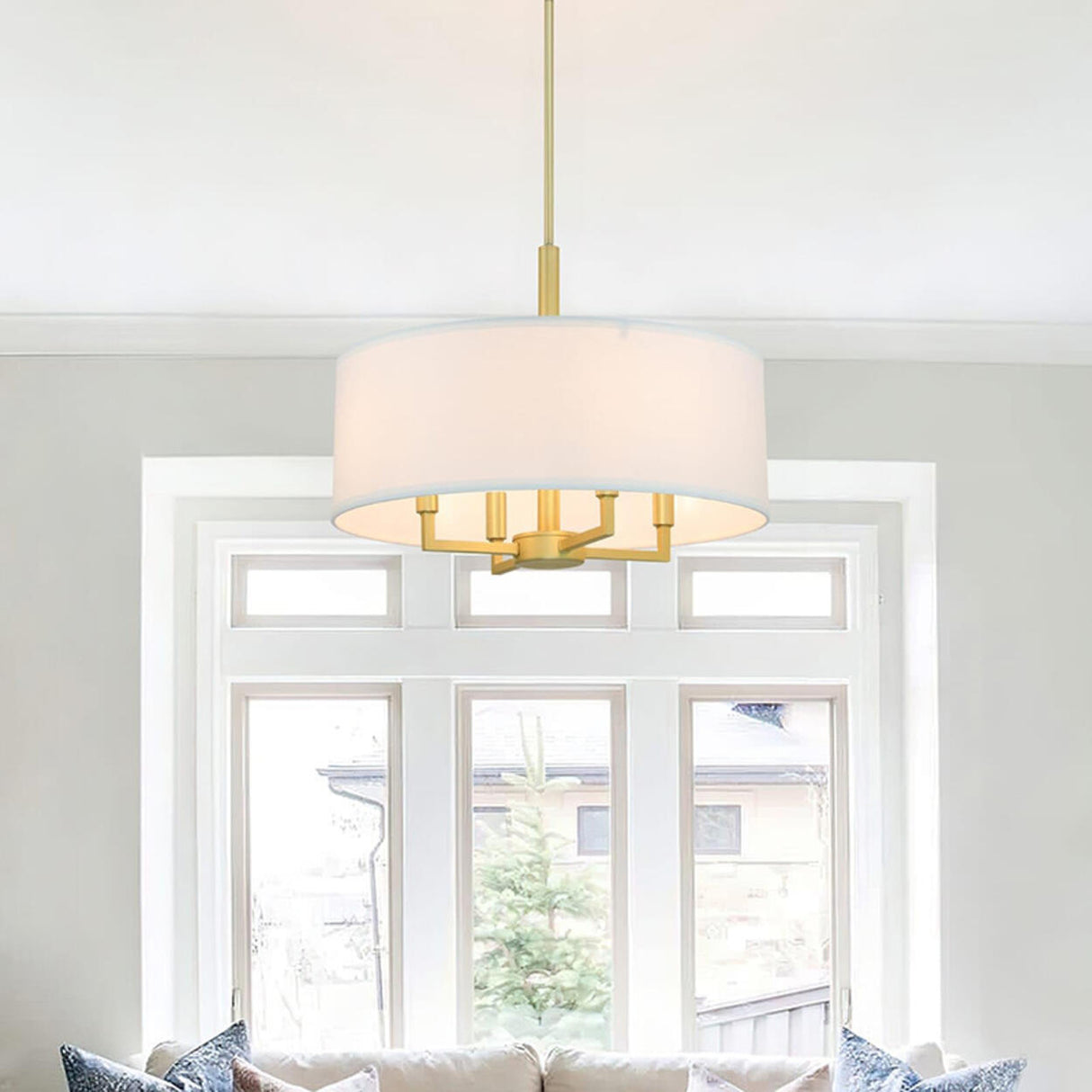 Adjustable Height Modern Gold Drum Pendant Light Image - 1