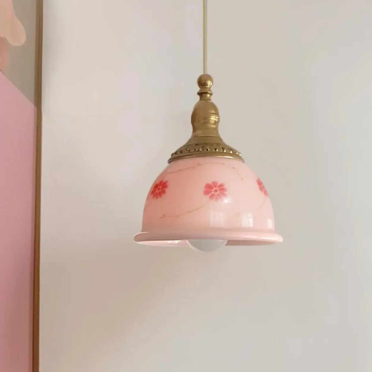 Adjustable Height Pink Rustic Brass Dome Glass Pendant Light Image - 1