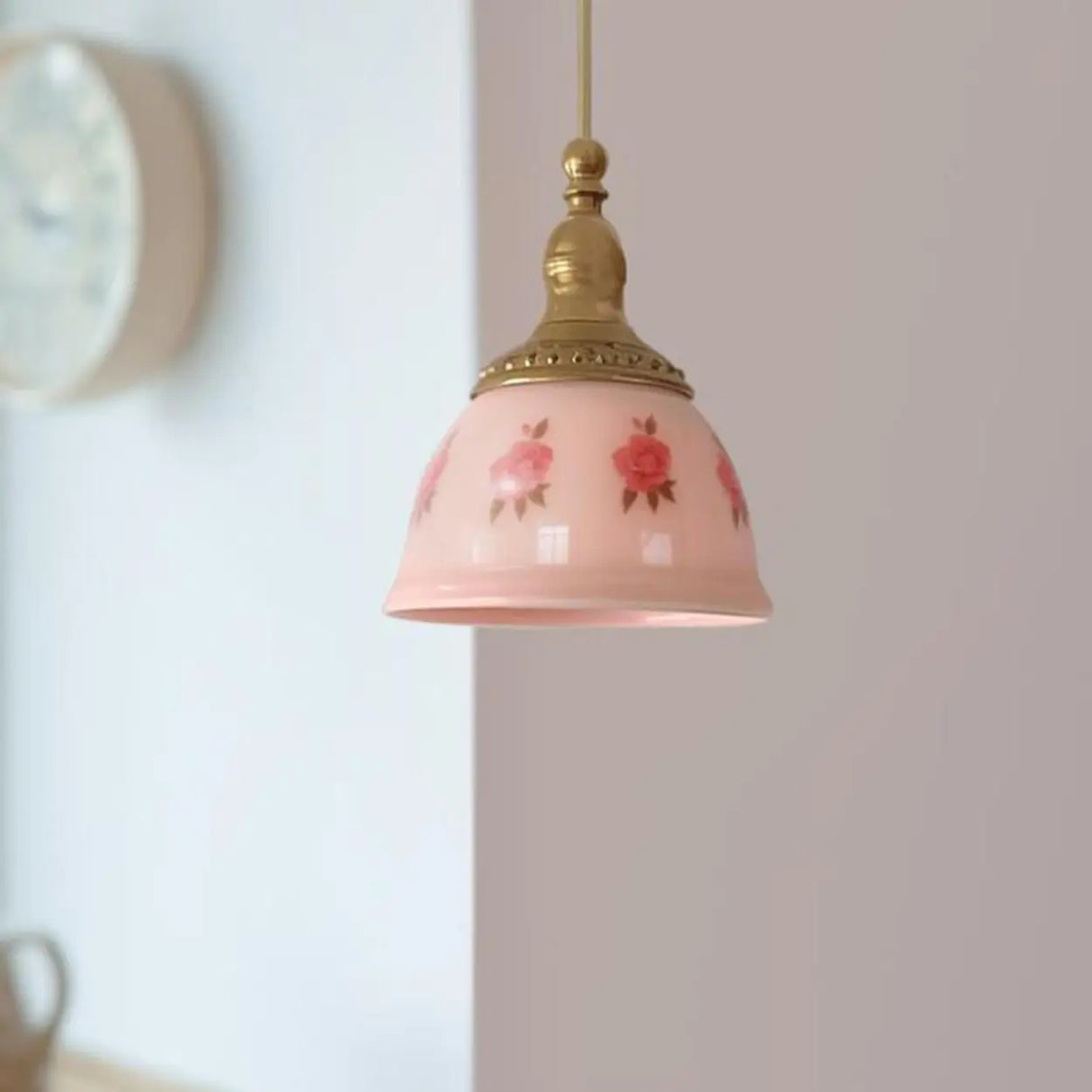 Adjustable Height Pink Rustic Brass Dome Glass Pendant Light Image - 2