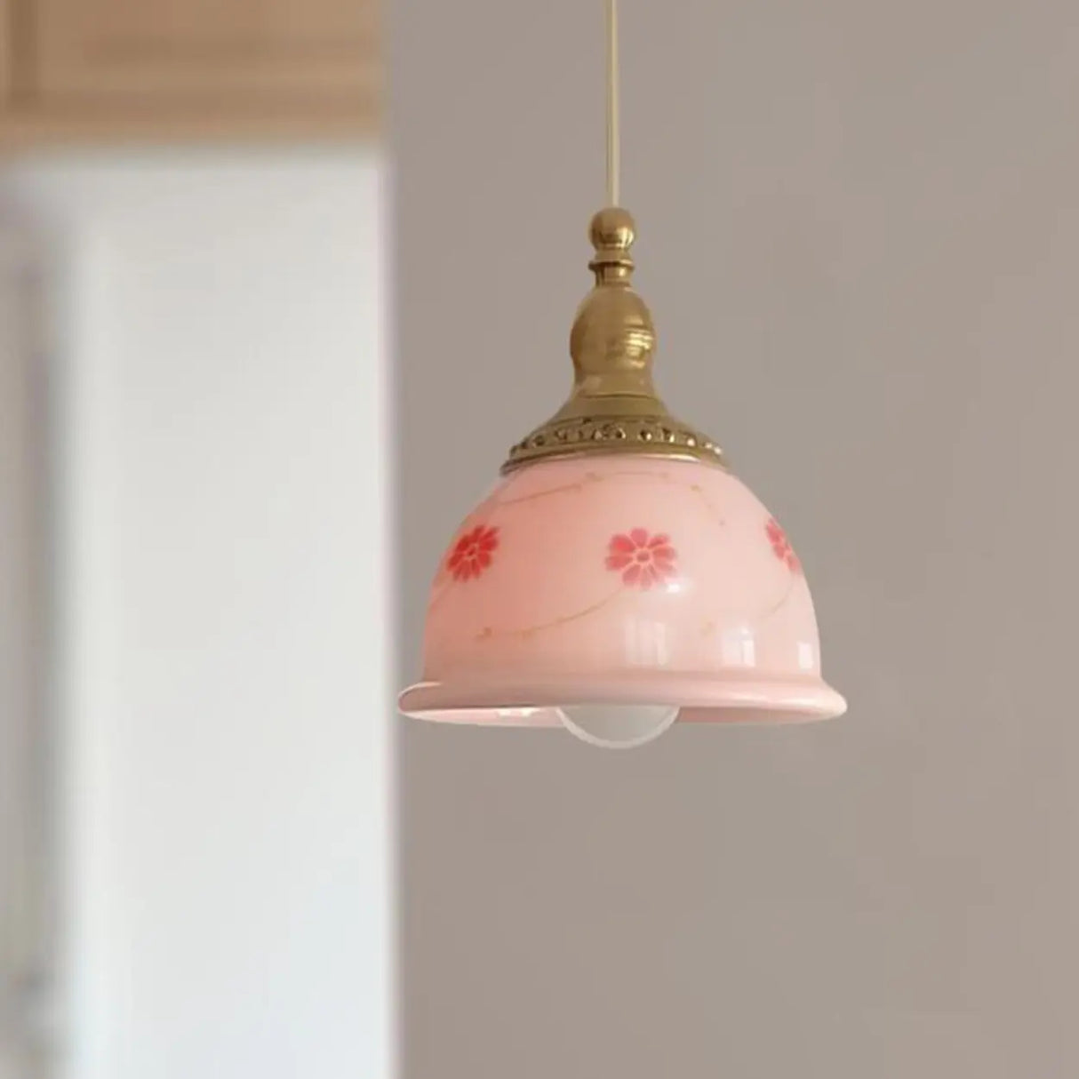 Adjustable Height Pink Rustic Brass Dome Glass Pendant Light Image - 3