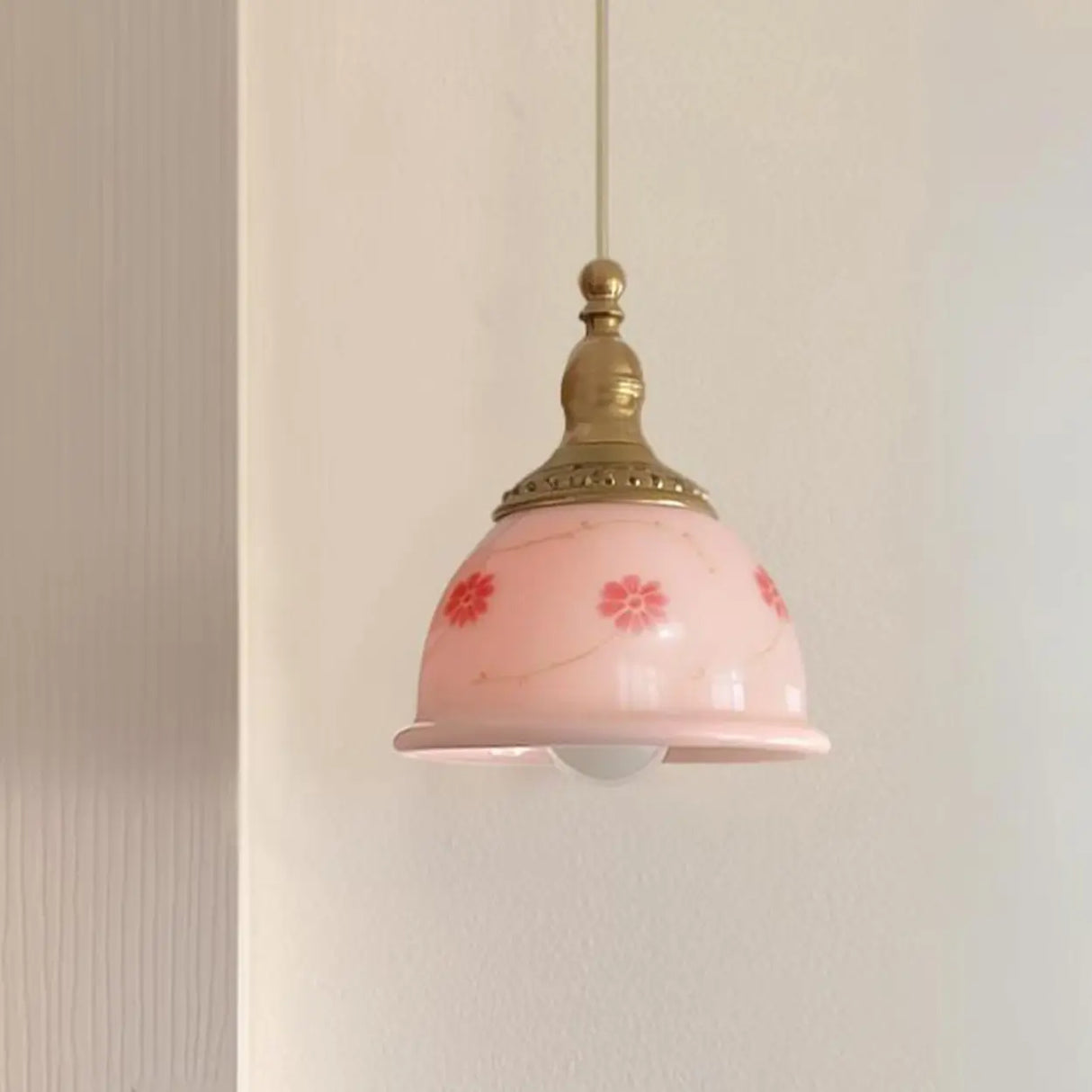 Adjustable Height Pink Rustic Brass Dome Glass Pendant Light Image - 4