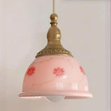 Adjustable Height Pink Rustic Brass Dome Glass Pendant Light Image - 7