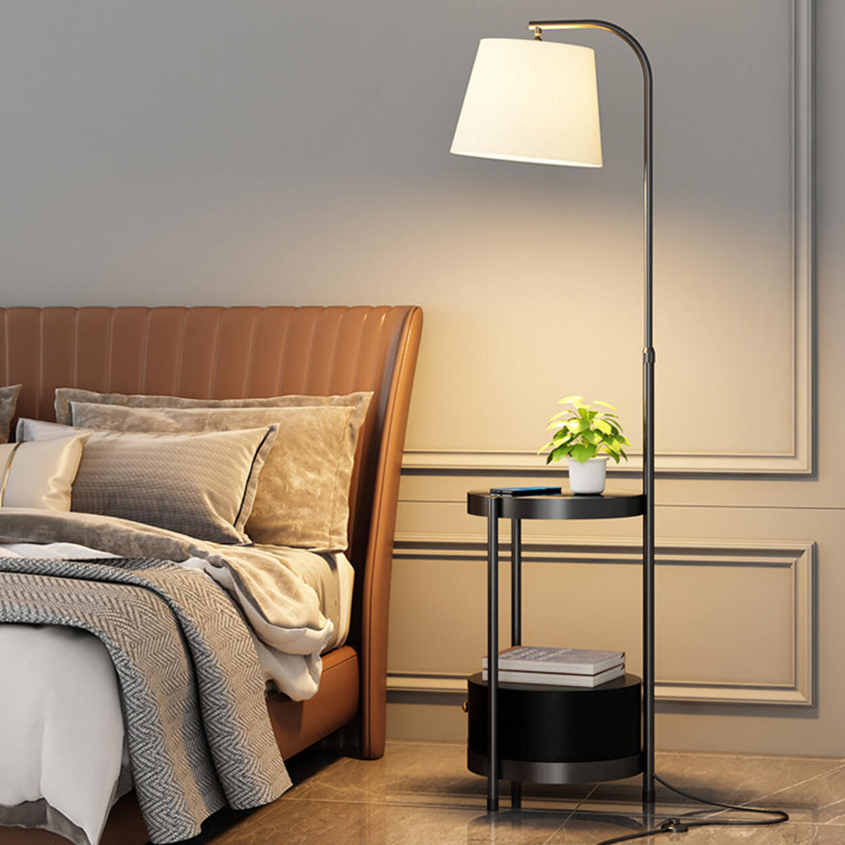 Adjustable Height Storage Shlef Side  Table Floor Lamp Image - 5