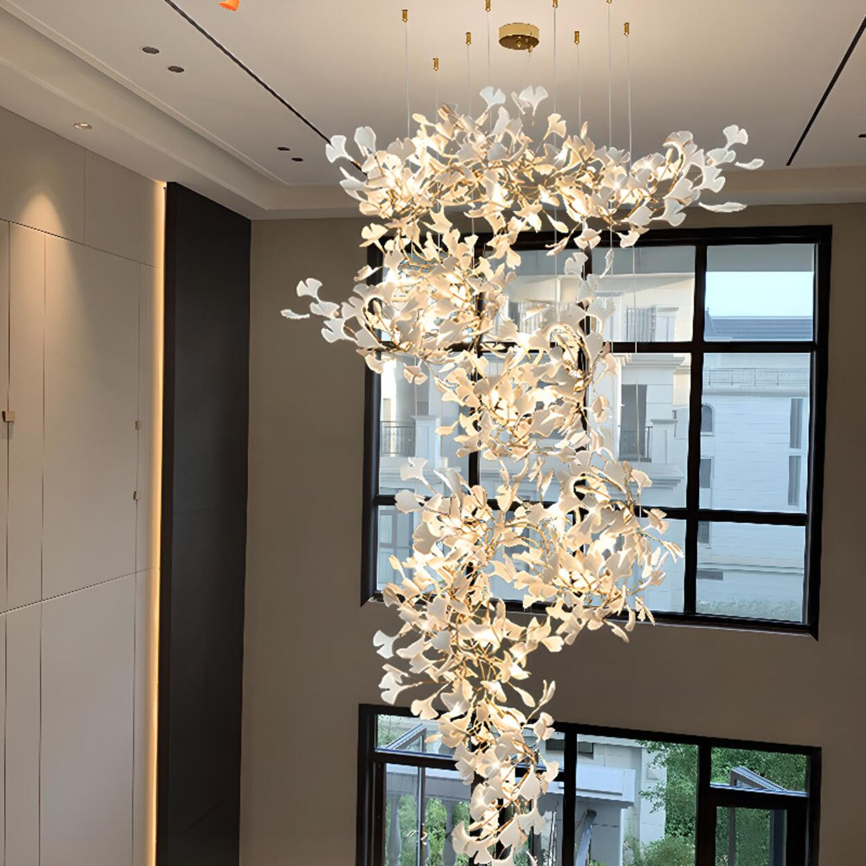 Adjustable Height White Ginkgo Leaves Chandelier Image - 2