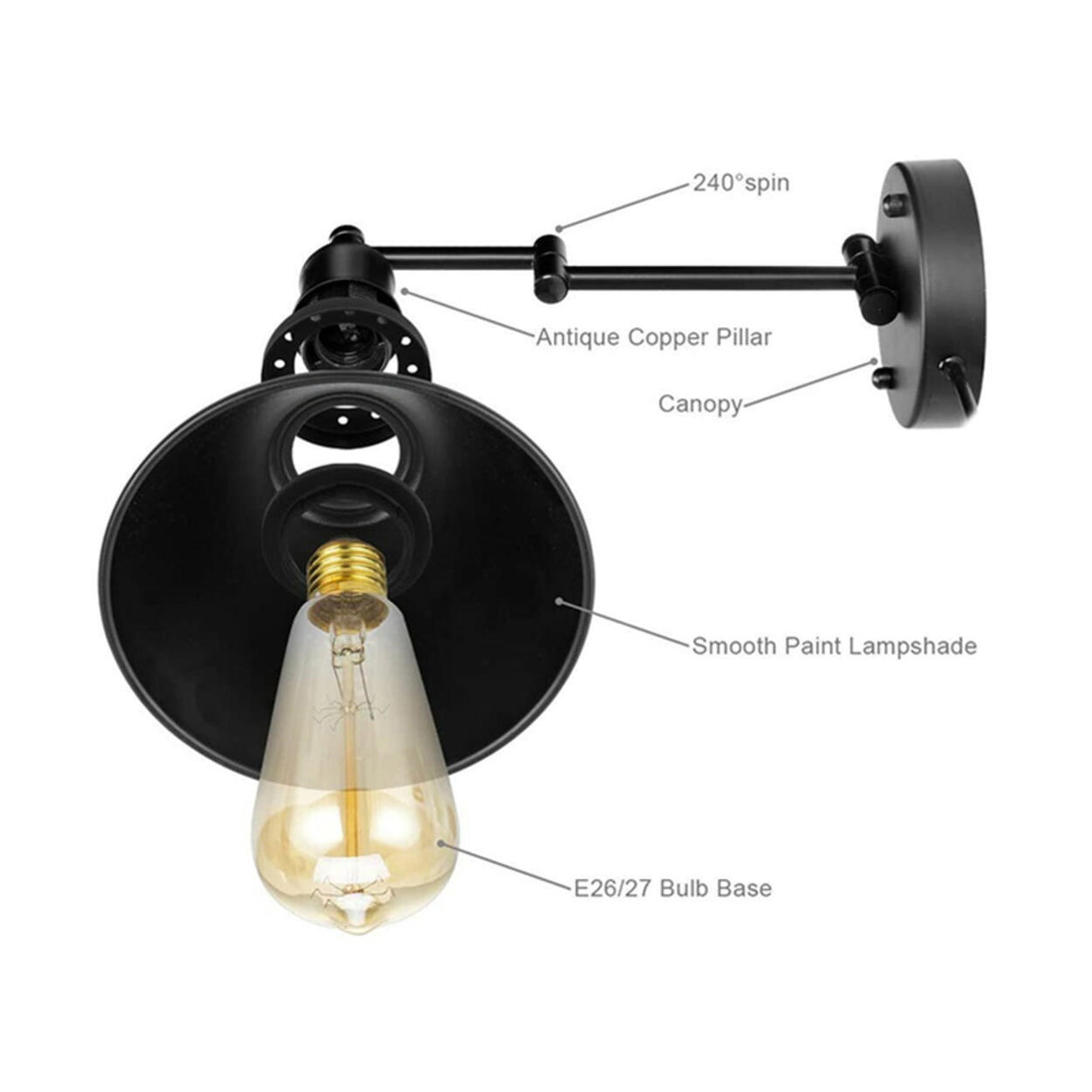 Adjustable Industrial Black Conical Vanity Wall Light Image - 8