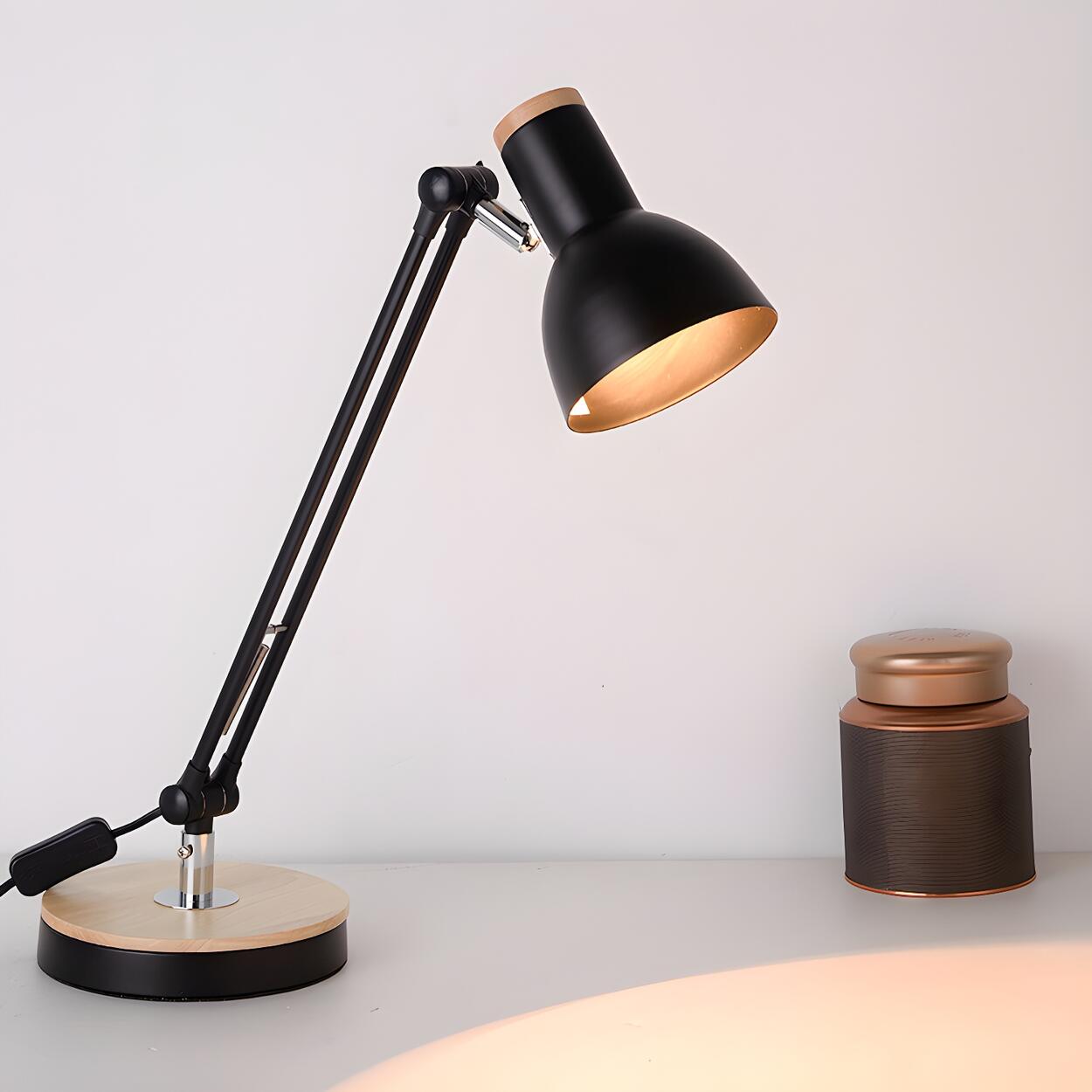 Adjustable Industrial Black Wood Base Desk Lamp Image - 1