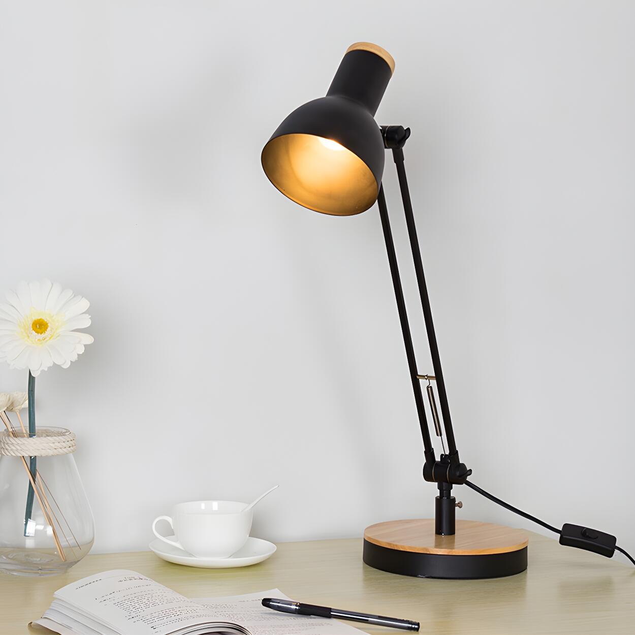 Adjustable Industrial Black Wood Base Desk Lamp Image - 2