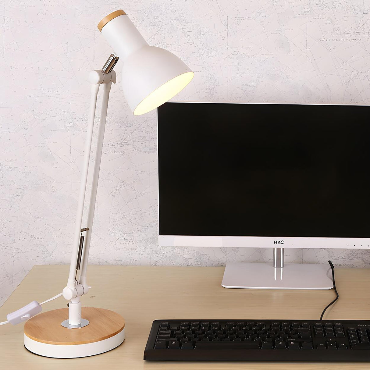 Adjustable Industrial Black Wood Base Desk Lamp Image - 5