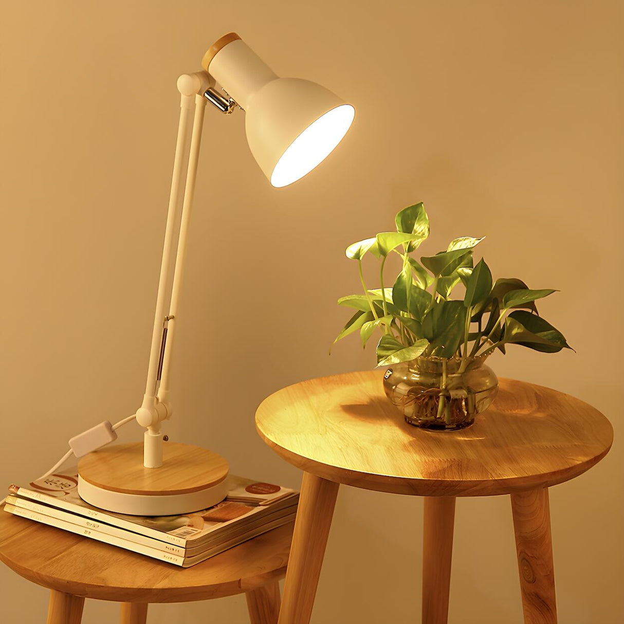 Adjustable Industrial Black Wood Base Desk Lamp Image - 6