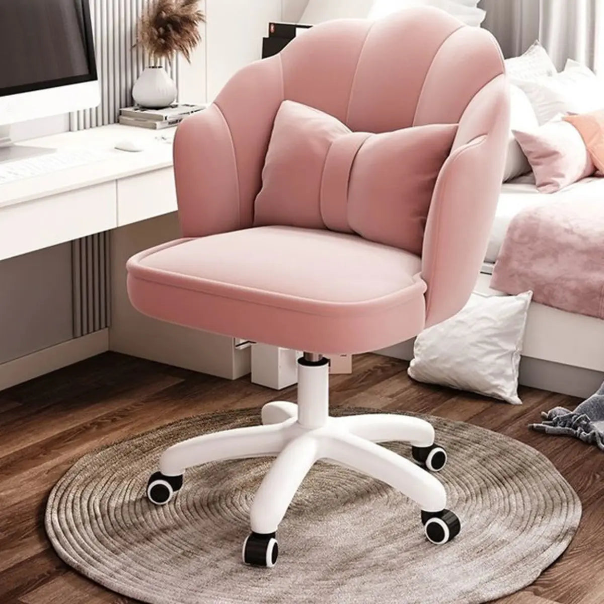 Adjustable Milky White Shell Upholstered Swivel Vanity Chair Image - 2