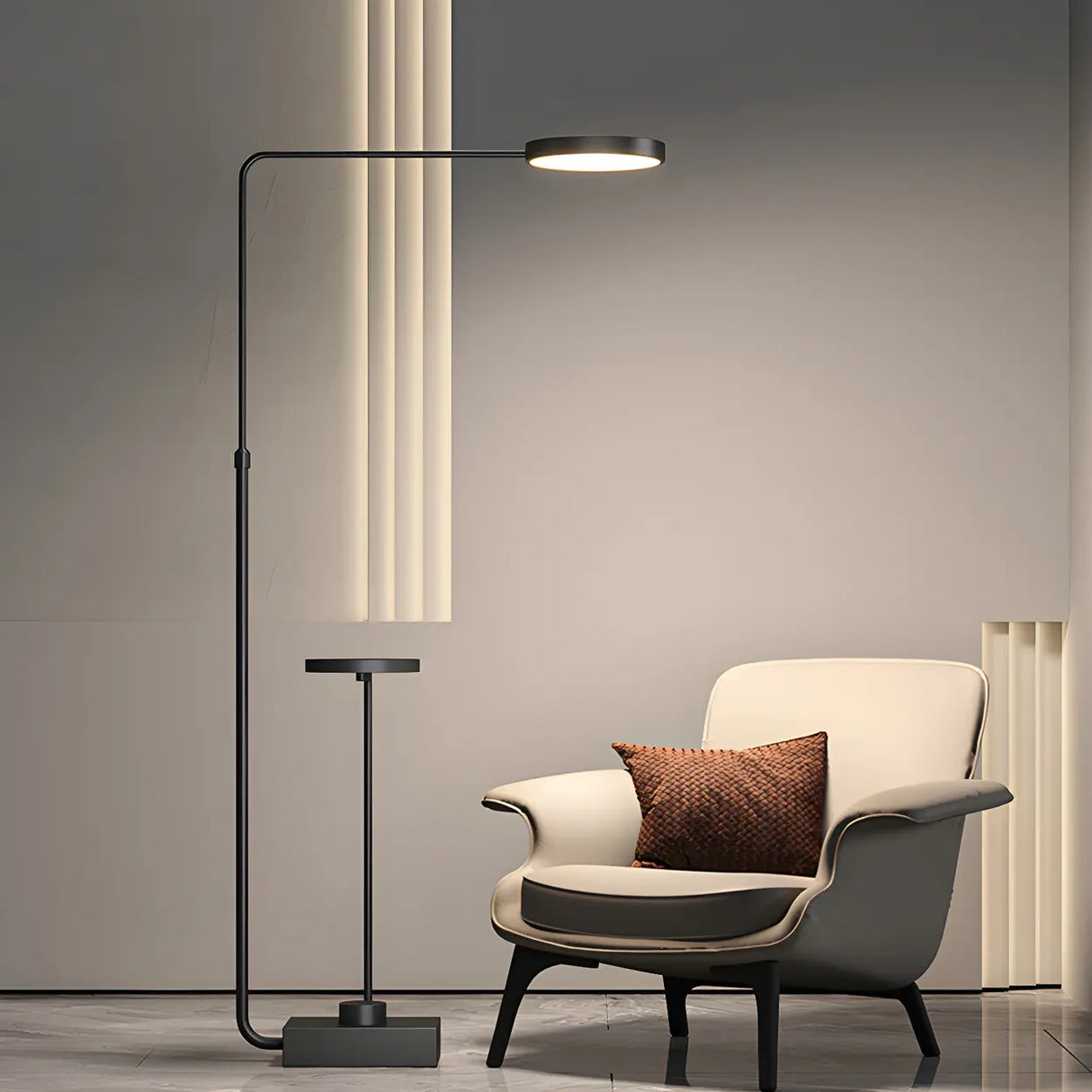 Adjustable Minimalist Round Floor Lamp with Side Table Image - 2