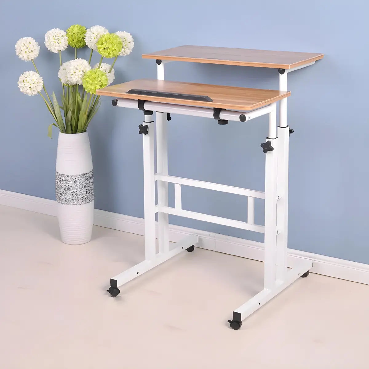 Adjustable Mobile Wood Top Casters T-Base Standing Desk Image - 3