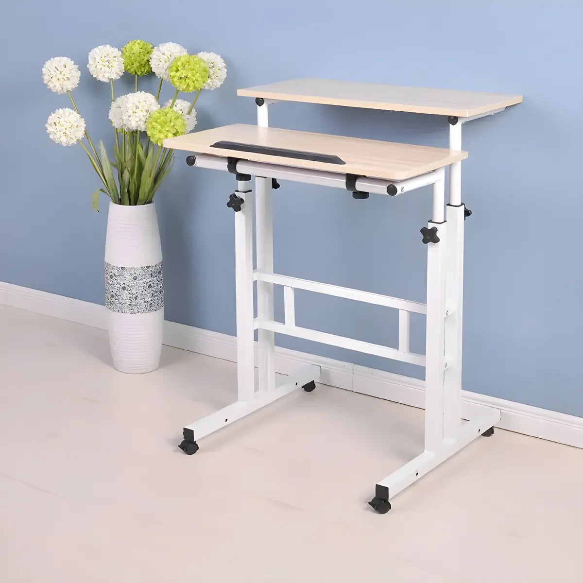 Adjustable Mobile Wood Top Casters T-Base Standing Desk Image - 5