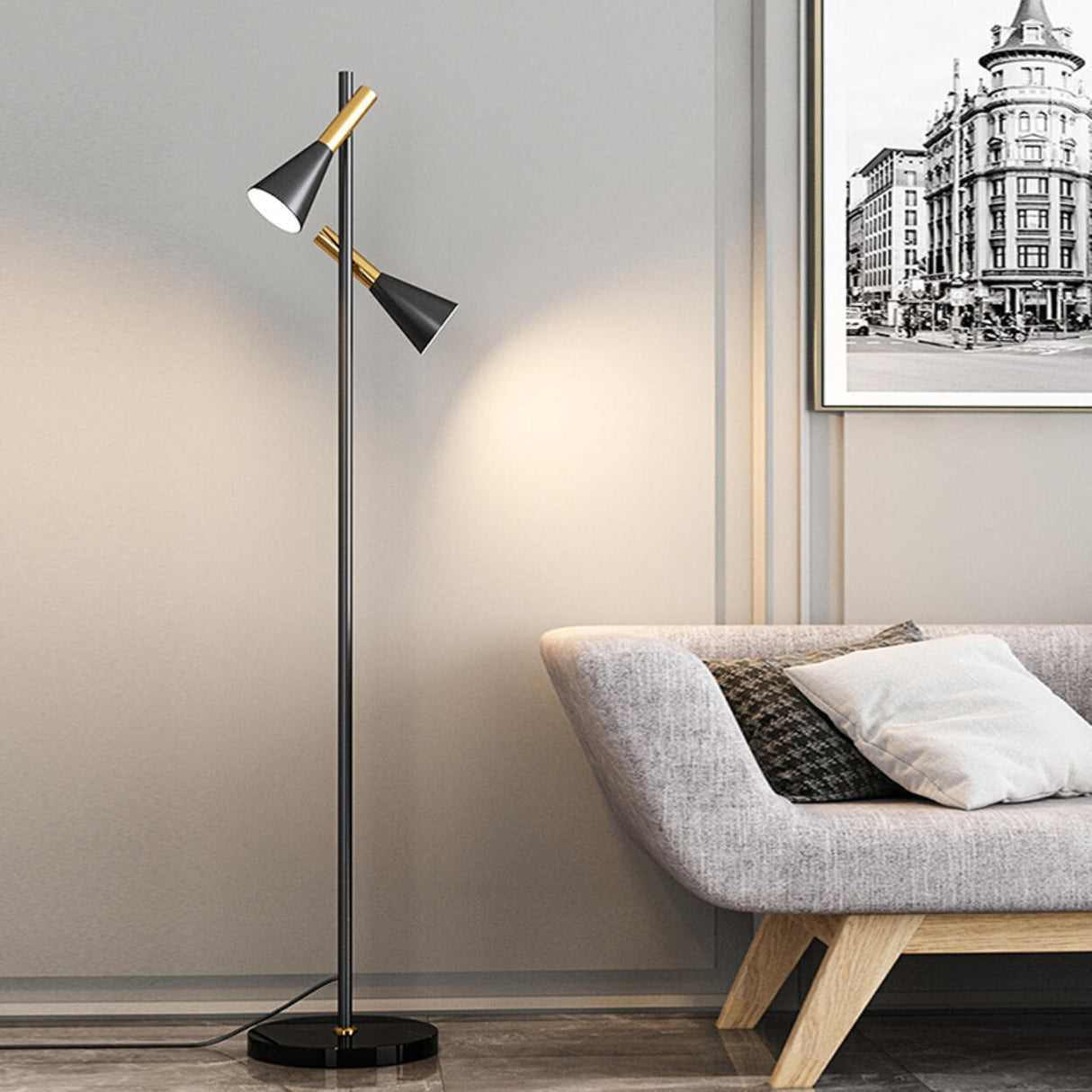 Adjustable Modern Black Cone 2-Light Floor Lamp Image - 2