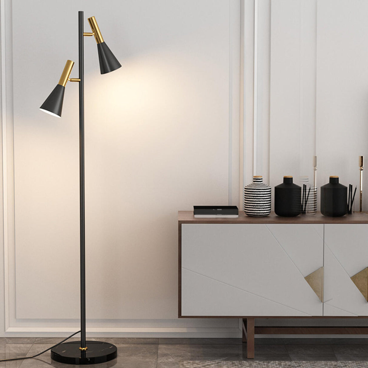 Adjustable Modern Black Cone 2-Light Floor Lamp Image - 4