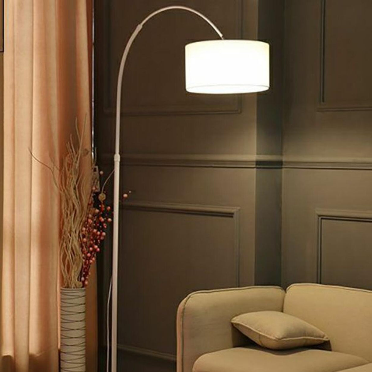 Adjustable Modern Drum Shade Arched White Floor Lamp Image - 11