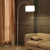 Adjustable Modern Drum Shade Arched White Floor Lamp Image - 2