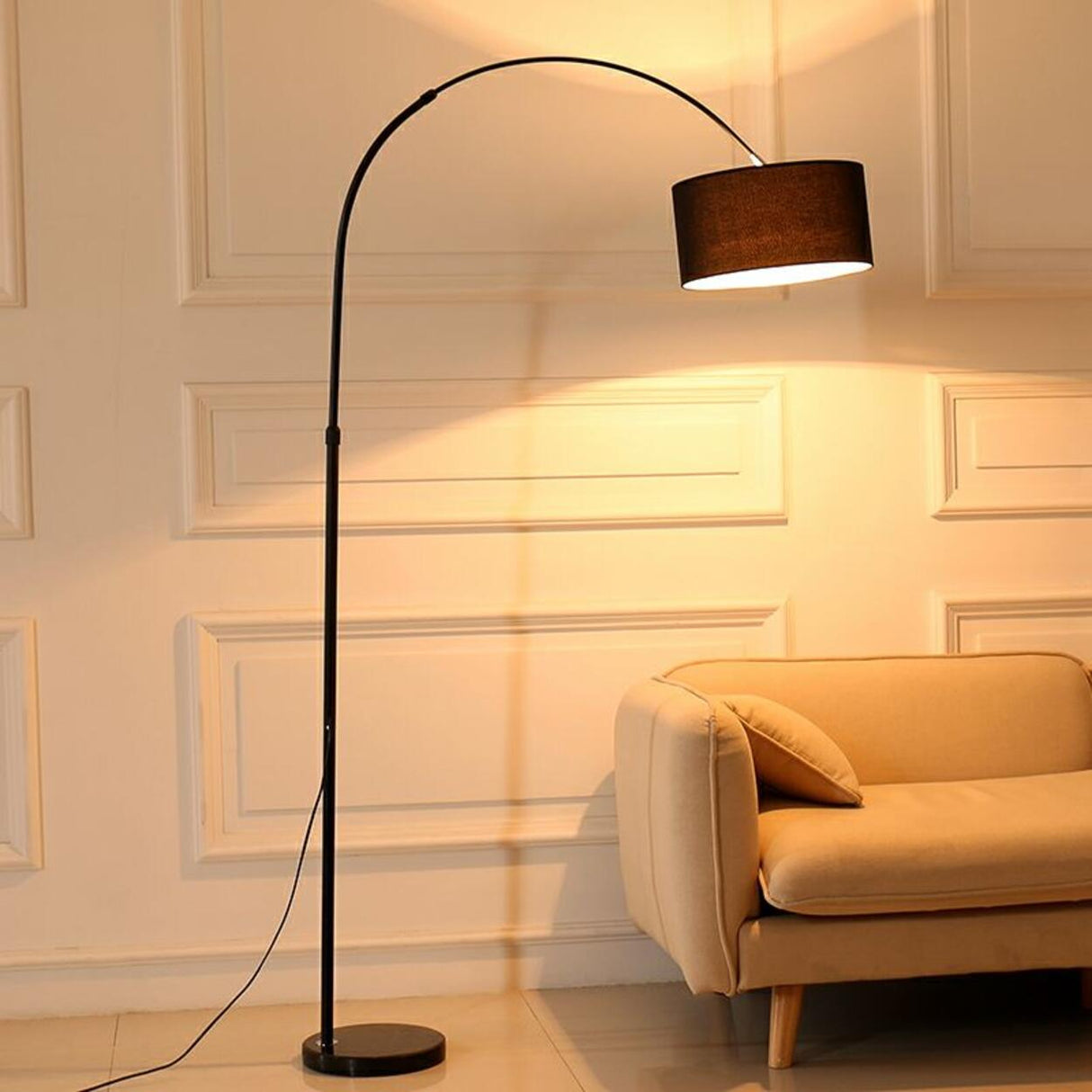 Adjustable Modern Drum Shade Arched White Floor Lamp Image - 3