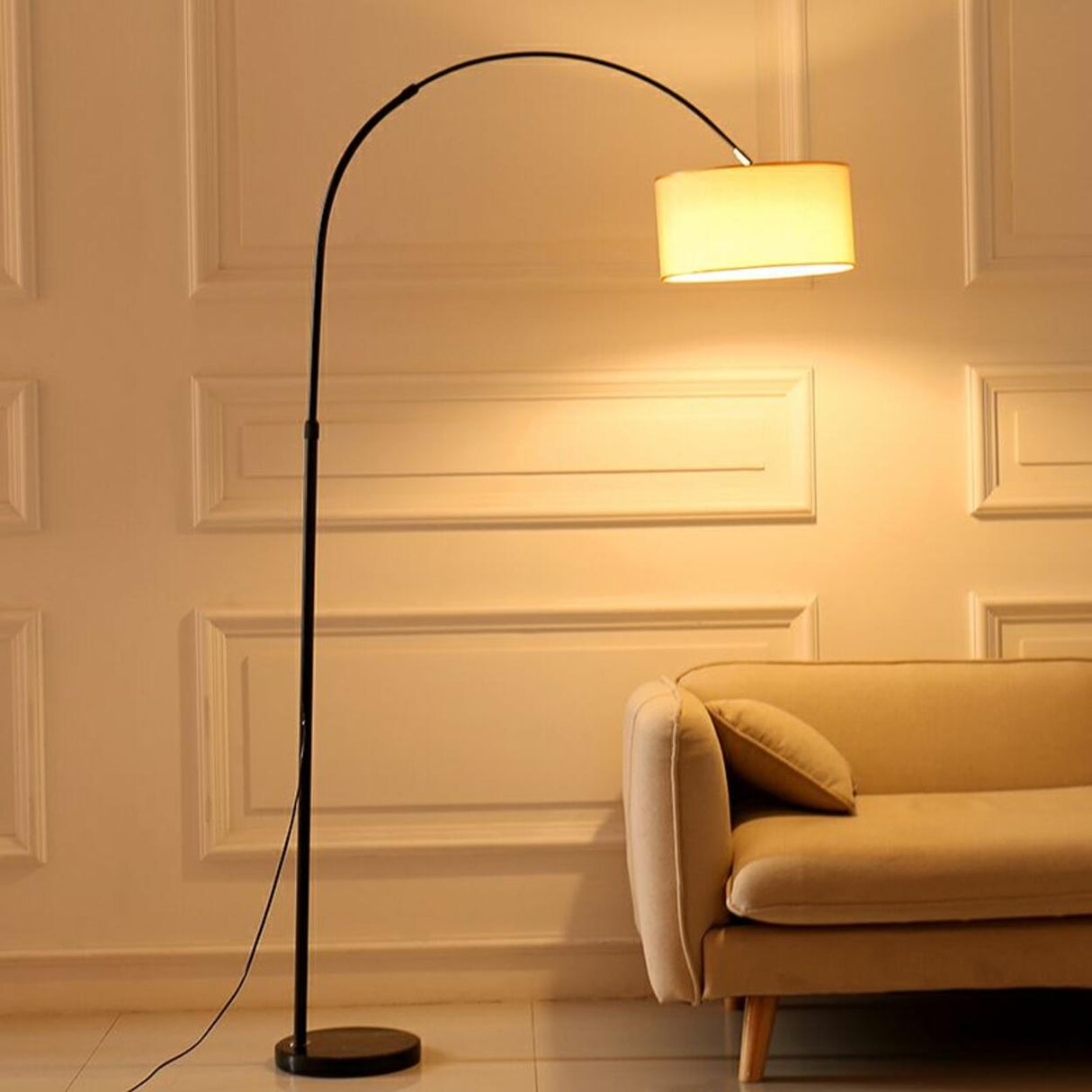 Adjustable Modern Drum Shade Arched White Floor Lamp Image - 5