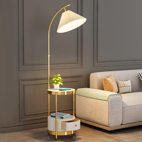 Adjustable Modern Pleated Gold Floor Lamp with Storage Image - 1