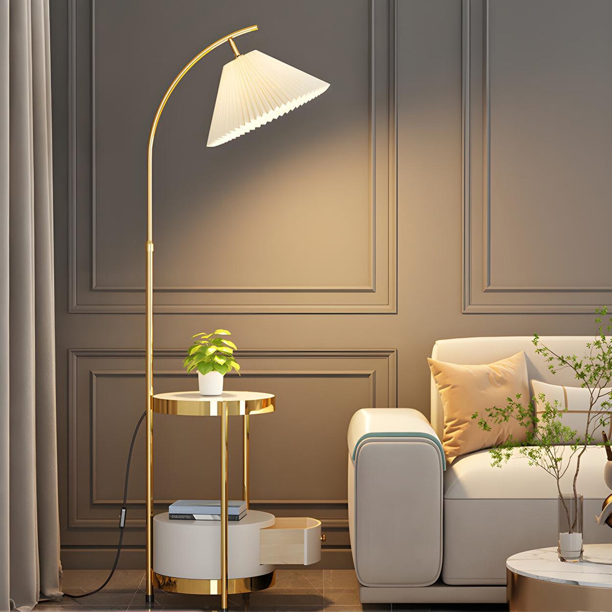 Adjustable Modern Pleated Gold Floor Lamp with Storage Image - 6