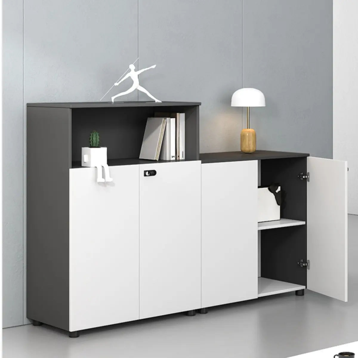 Adjustable Multi-Shelf Wood Gray-White Storage Cabinet Image - 10